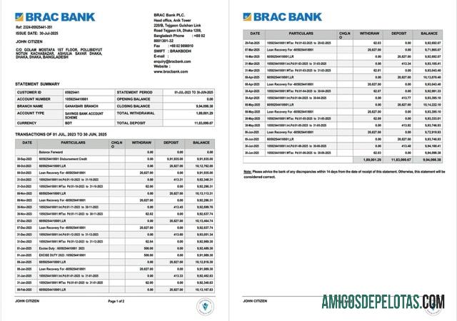 Extrato de conta bancária BRAC de Bangladesh, Word e PDF, exemplo de 2 páginas